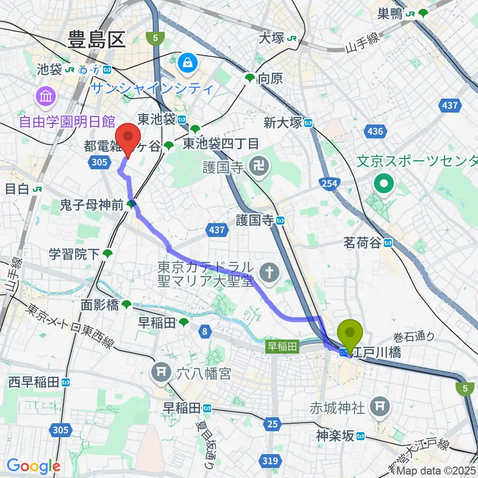 江戸川橋駅から東京音楽大学付属高等学校へのルートマップ地図