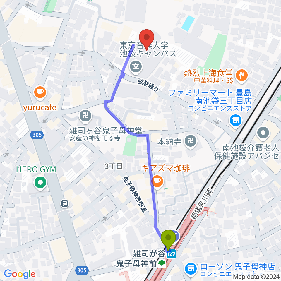 東京音楽大学付属高等学校の最寄駅雑司が谷駅からの徒歩ルート（約6分）地図