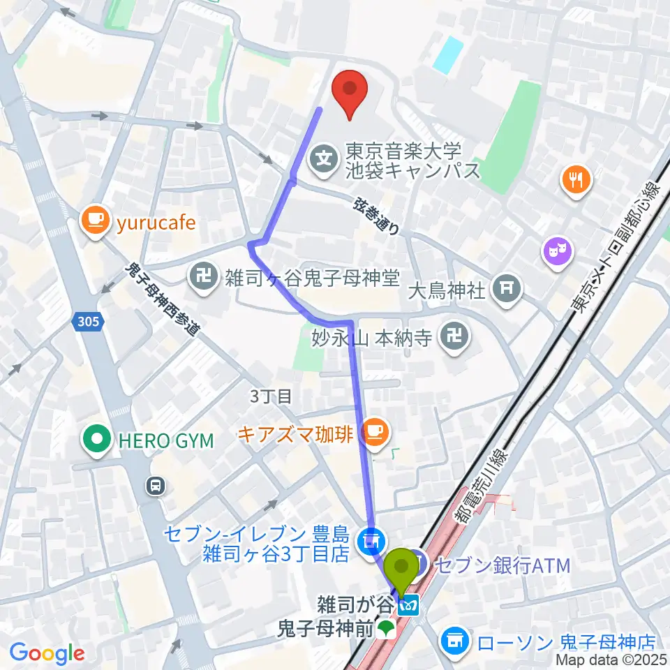 東京音楽大学付属高等学校の最寄駅雑司が谷駅からの徒歩ルート（約6分）地図