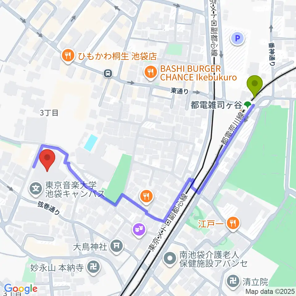 都電雑司ヶ谷駅から東京音楽大学付属高等学校へのルートマップ地図