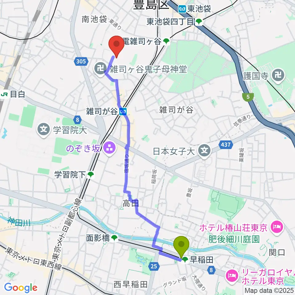 早稲田駅から東京音楽大学付属高等学校へのルートマップ地図