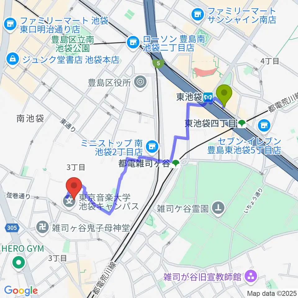 東池袋駅から東京音楽大学付属音楽教室へのルートマップ地図