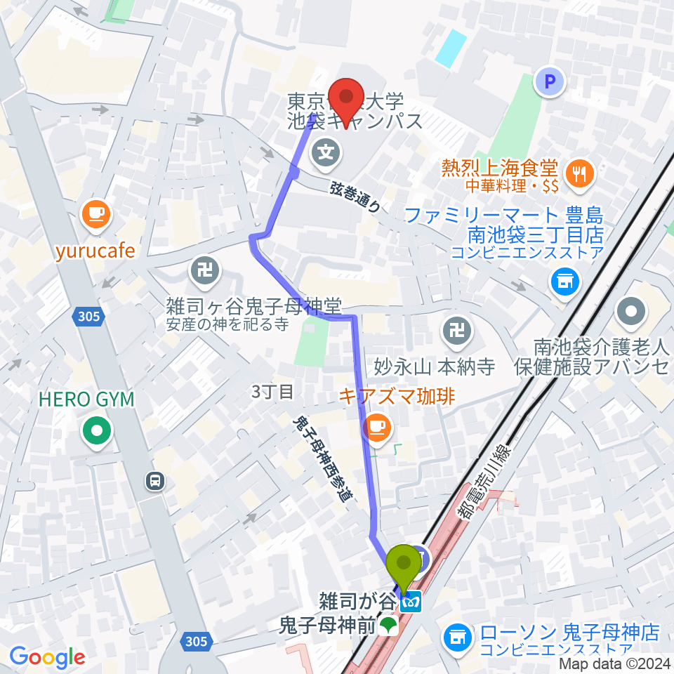 東京音楽大学付属音楽教室の最寄駅雑司が谷駅からの徒歩ルート（約5分）地図