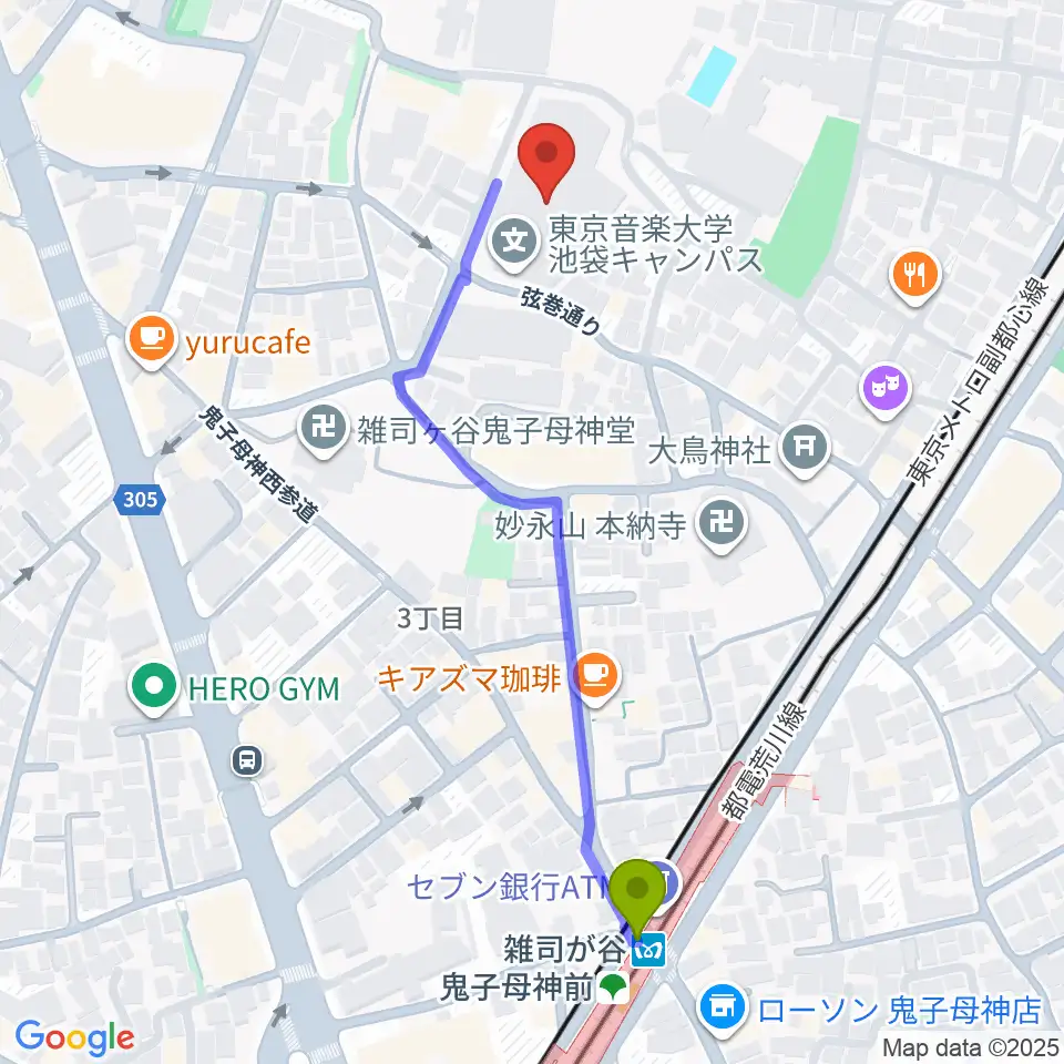 東京音楽大学付属音楽教室の最寄駅雑司が谷駅からの徒歩ルート（約5分）地図