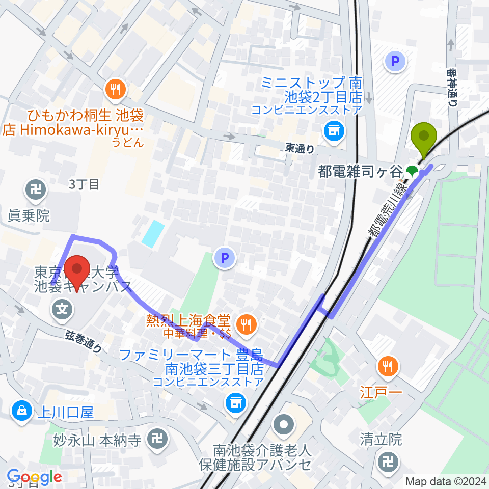 都電雑司ヶ谷駅から東京音楽大学付属音楽教室へのルートマップ地図