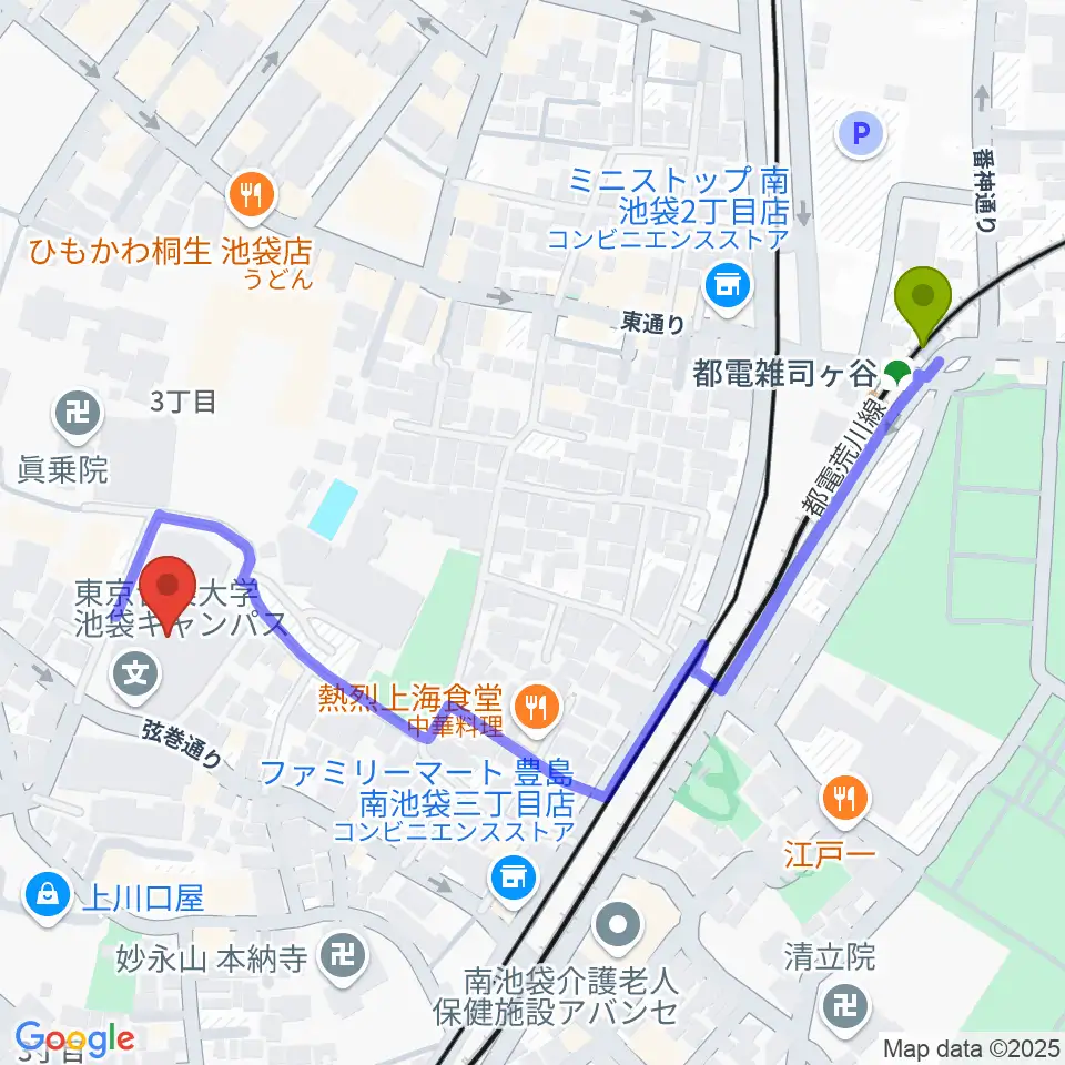 都電雑司ヶ谷駅から東京音楽大学付属音楽教室へのルートマップ地図