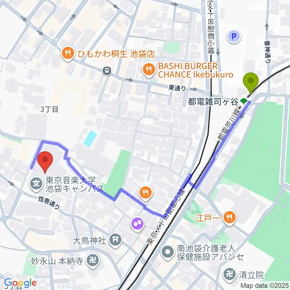都電雑司ヶ谷駅から東京音楽大学付属音楽教室へのルートマップ地図