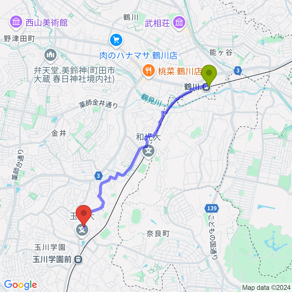 鶴川駅から玉川大学芸術学部へのルートマップ地図