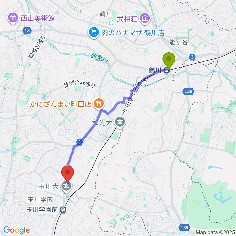 鶴川駅から玉川大学芸術学部へのルートマップ地図