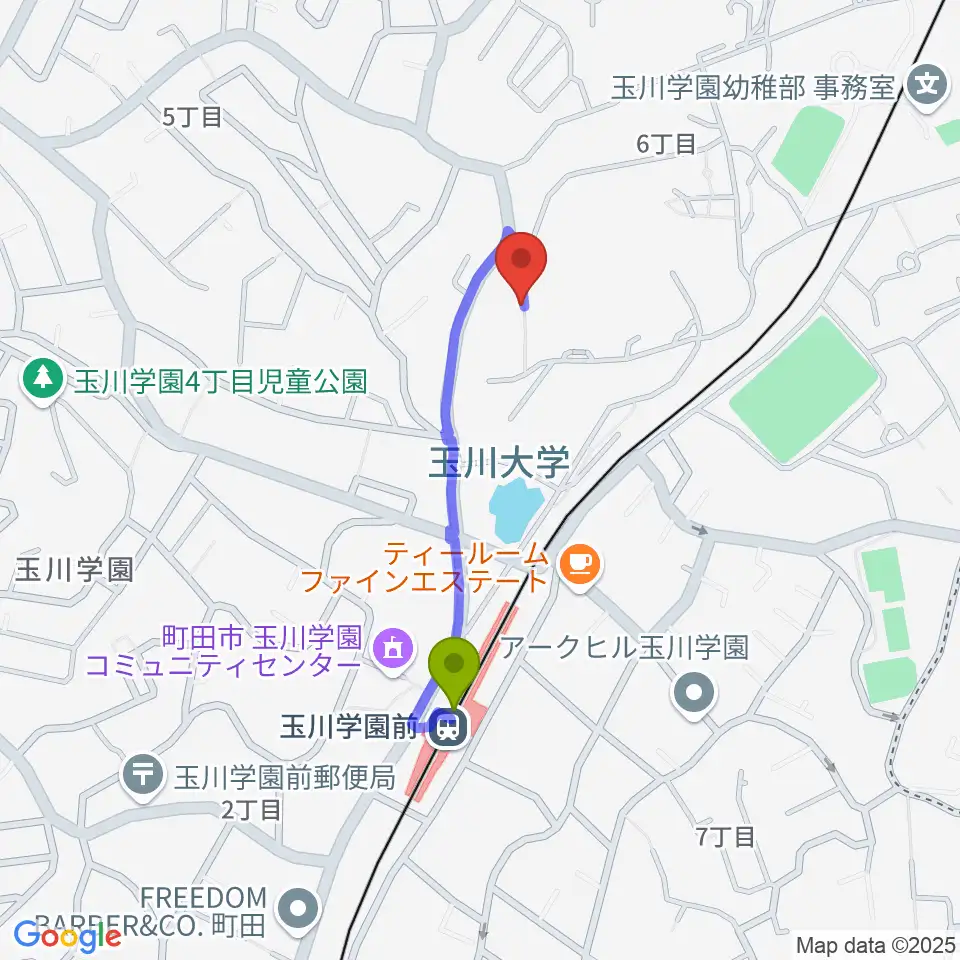 玉川大学芸術学部の最寄駅玉川学園前駅からの徒歩ルート（約7分）地図