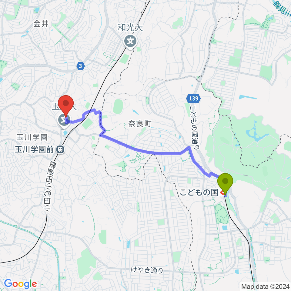 こどもの国駅から玉川大学芸術学部へのルートマップ地図