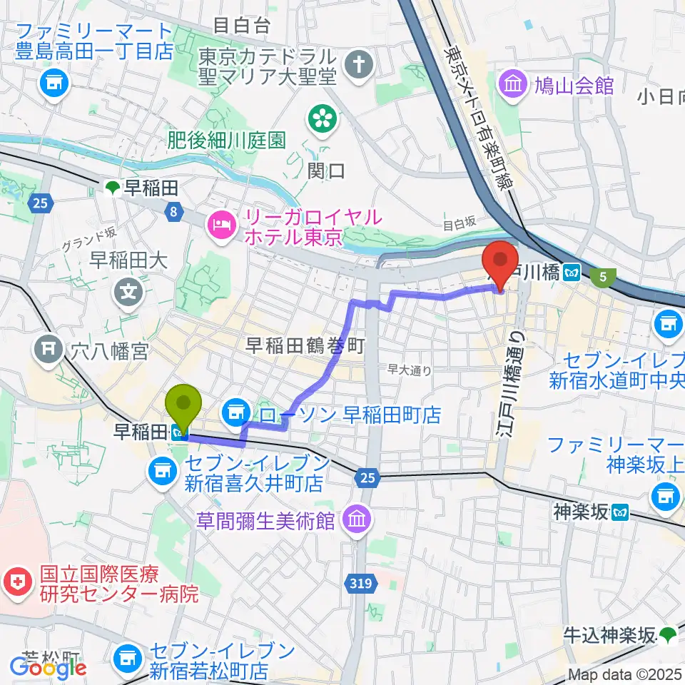 早稲田駅からTJK音楽教室へのルートマップ地図