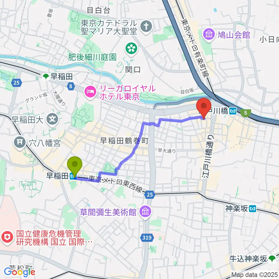 早稲田駅からTJK音楽教室へのルートマップ地図