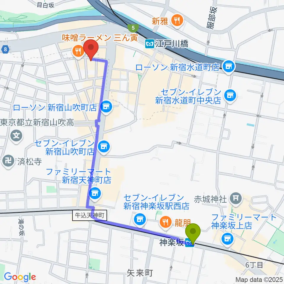 神楽坂駅からTJK音楽教室へのルートマップ地図