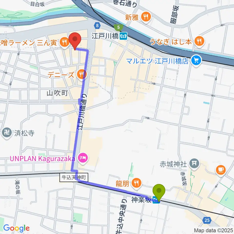 神楽坂駅からTJK音楽教室へのルートマップ地図