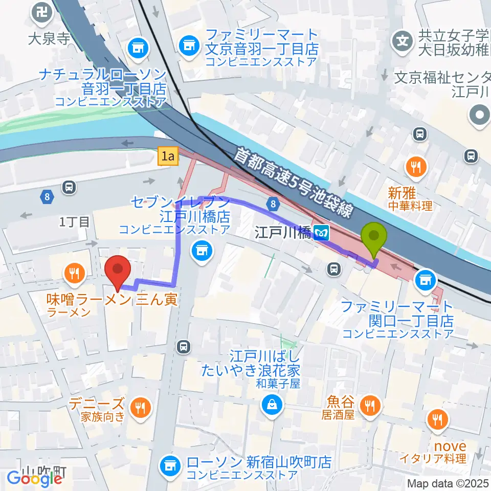 TJK音楽教室の最寄駅江戸川橋駅からの徒歩ルート（約4分）地図