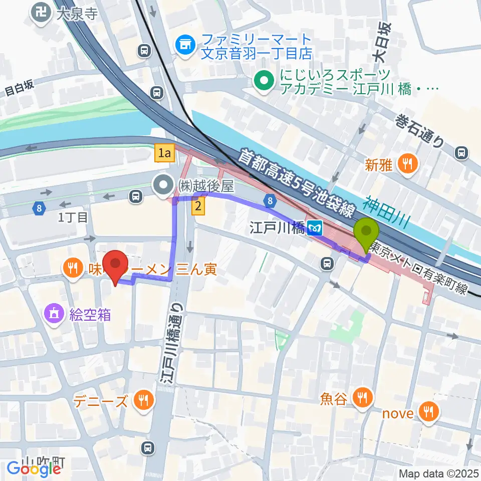 TJK音楽教室の最寄駅江戸川橋駅からの徒歩ルート（約4分）地図