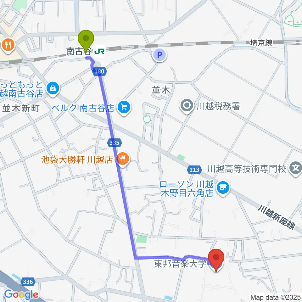 東邦音楽大学の最寄駅南古谷駅からの徒歩ルート（約13分）地図