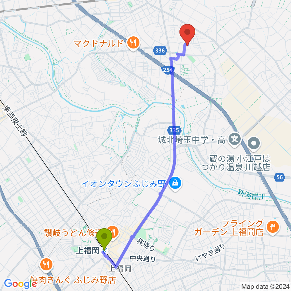 上福岡駅から東邦音楽大学へのルートマップ地図