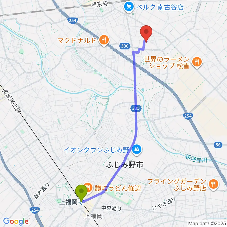上福岡駅から東邦音楽大学へのルートマップ地図