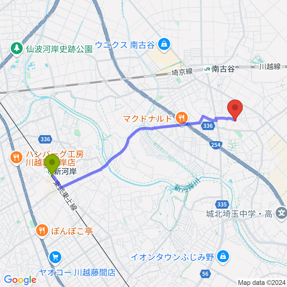 新河岸駅から東邦音楽大学へのルートマップ地図