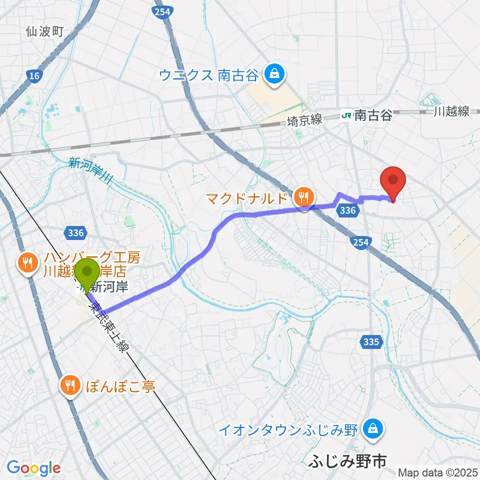 新河岸駅から東邦音楽大学へのルートマップ地図
