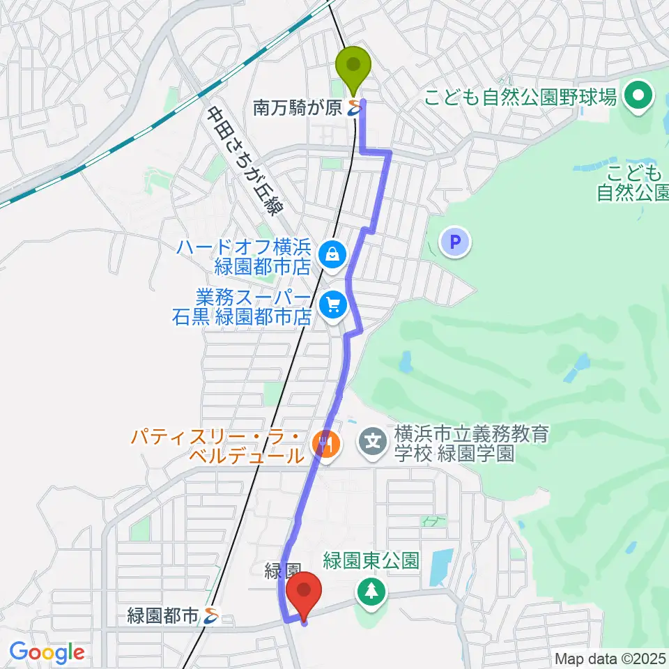 南万騎が原駅からフェリス女学院大学 音楽・身体表現専攻へのルートマップ地図