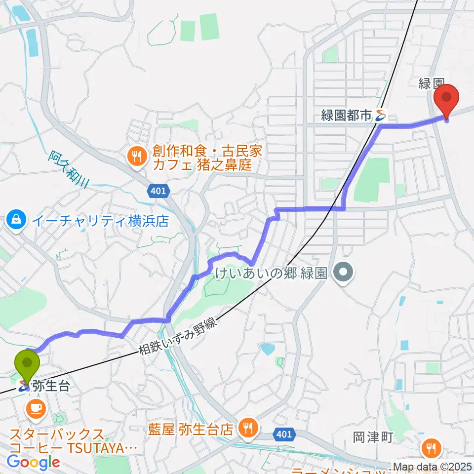 弥生台駅からフェリス女学院大学 音楽・身体表現専攻へのルートマップ地図