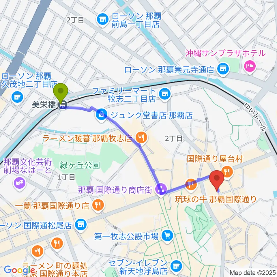 美栄橋駅から三線専門店ナビィ三線へのルートマップ地図