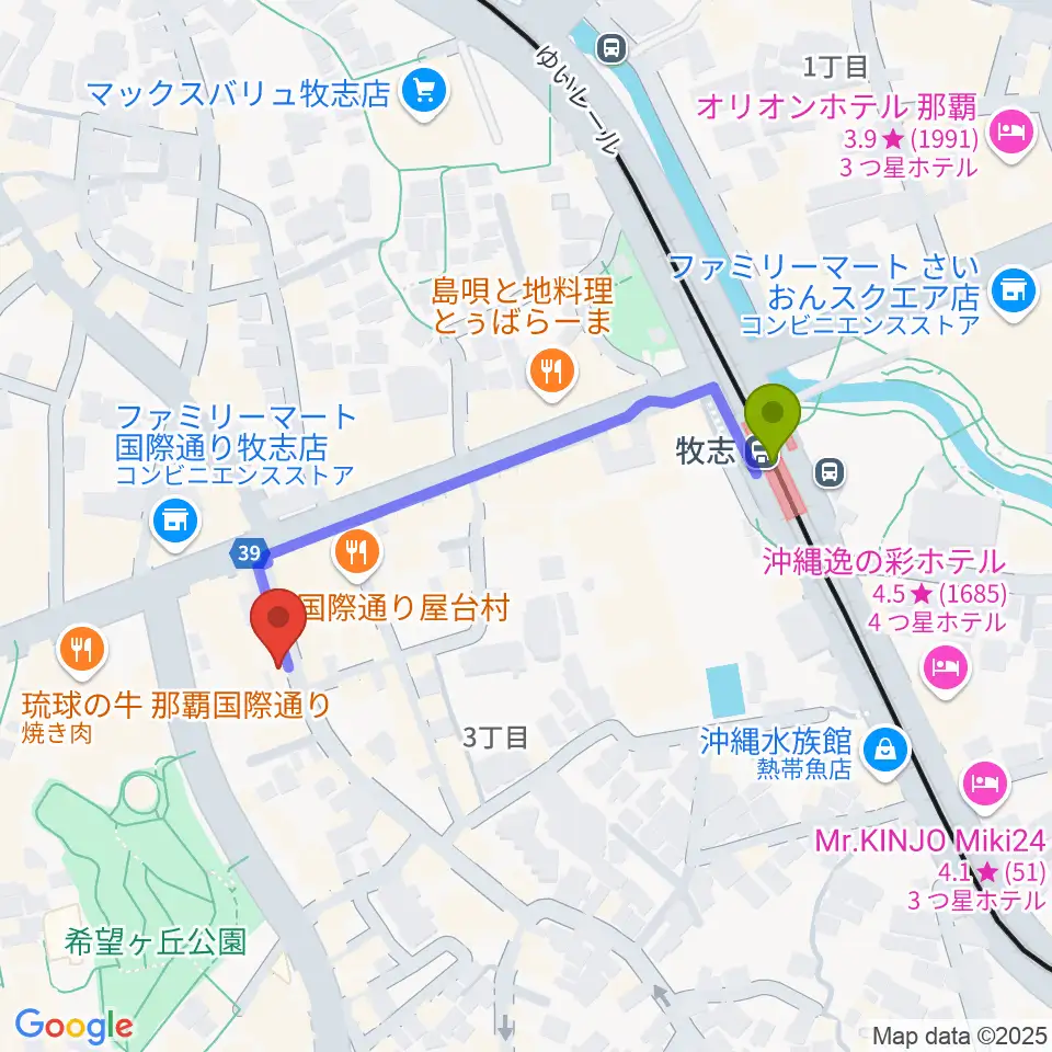 三線専門店ナビィ三線の最寄駅牧志駅からの徒歩ルート（約4分）地図