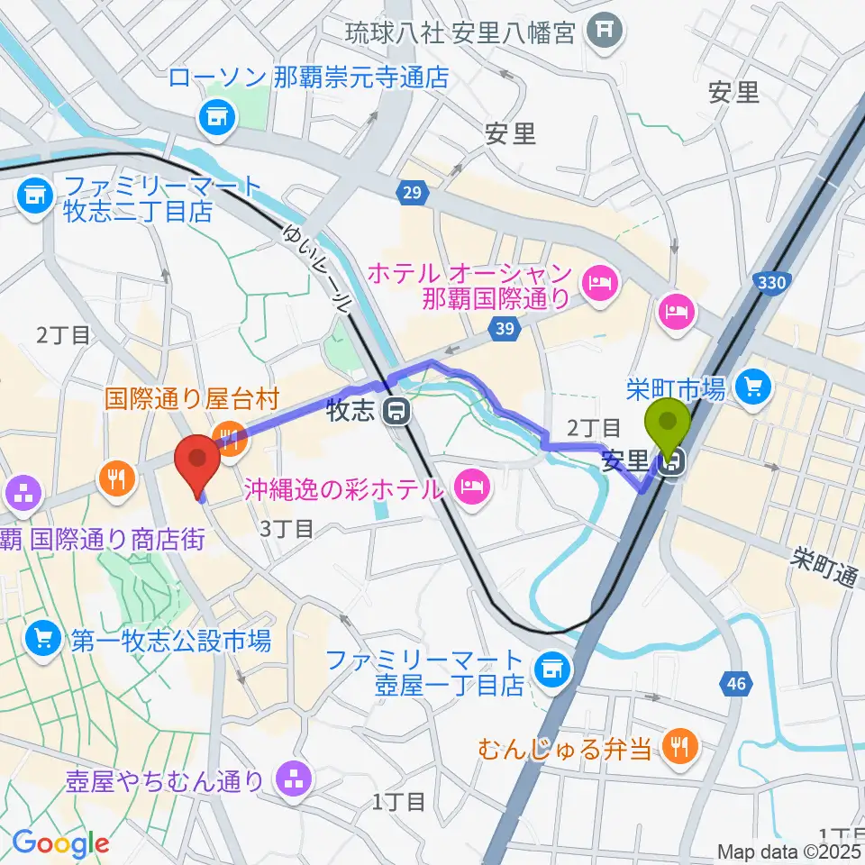 安里駅から三線専門店ナビィ三線へのルートマップ地図