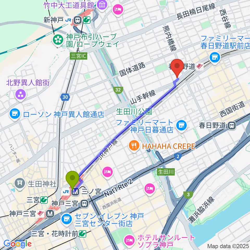 三ノ宮駅からSOAR MUSICへのルートマップ地図