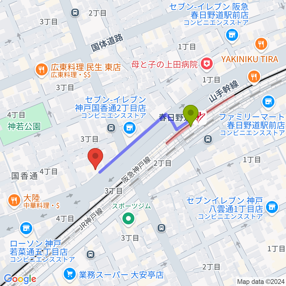 SOAR MUSICの最寄駅春日野道駅からの徒歩ルート（約3分）地図