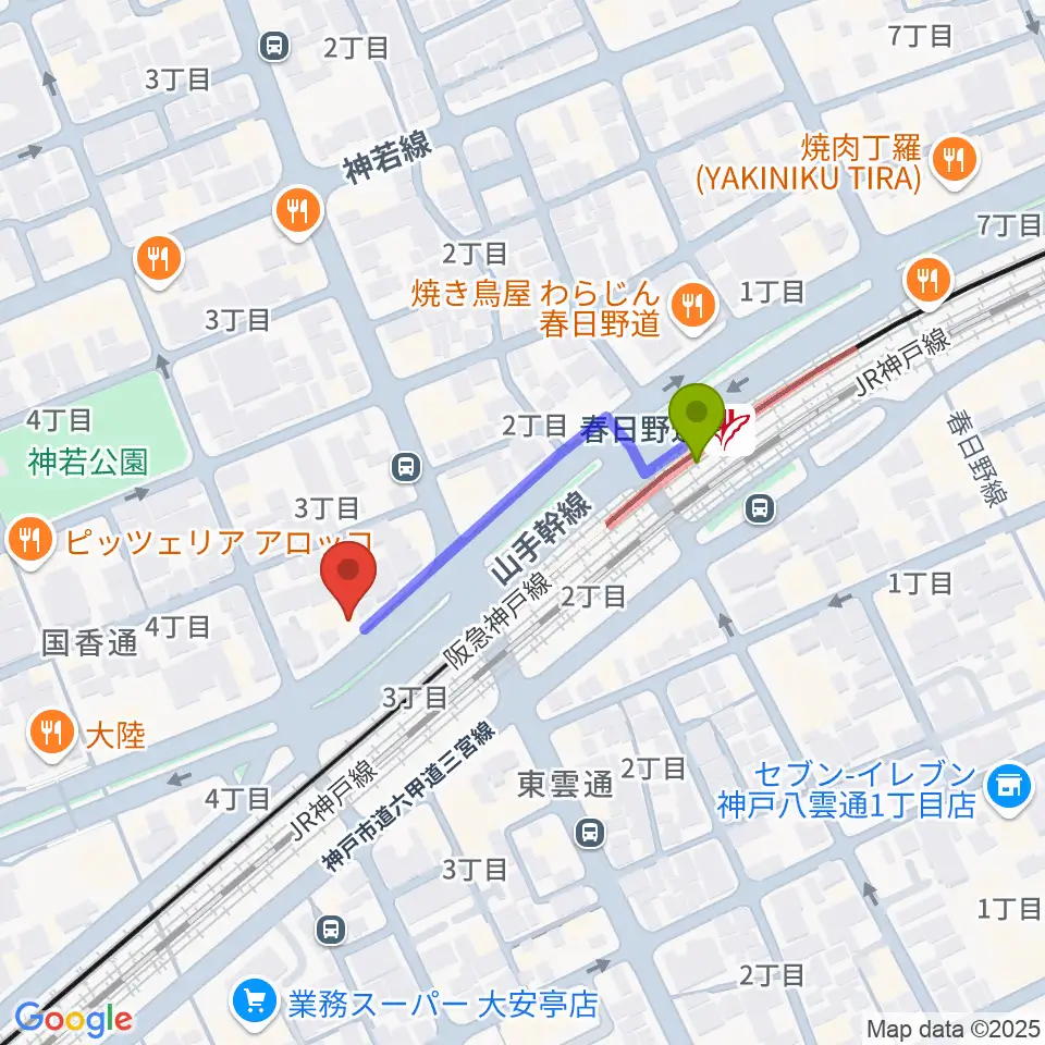 SOAR MUSICの最寄駅春日野道駅からの徒歩ルート（約3分）地図