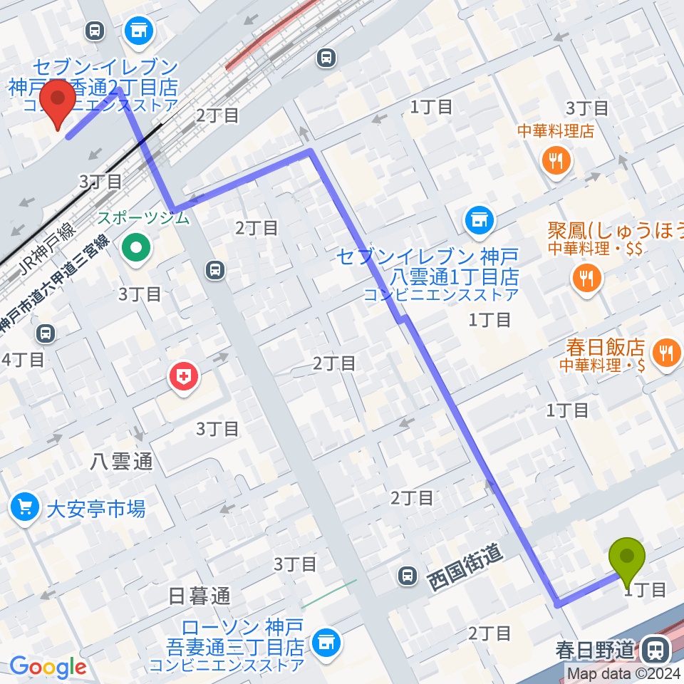 春日野道駅からSOAR MUSICへのルートマップ地図