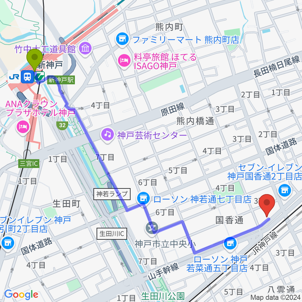 新神戸駅からSOAR MUSICへのルートマップ地図