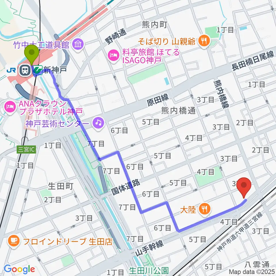 新神戸駅からSOAR MUSICへのルートマップ地図