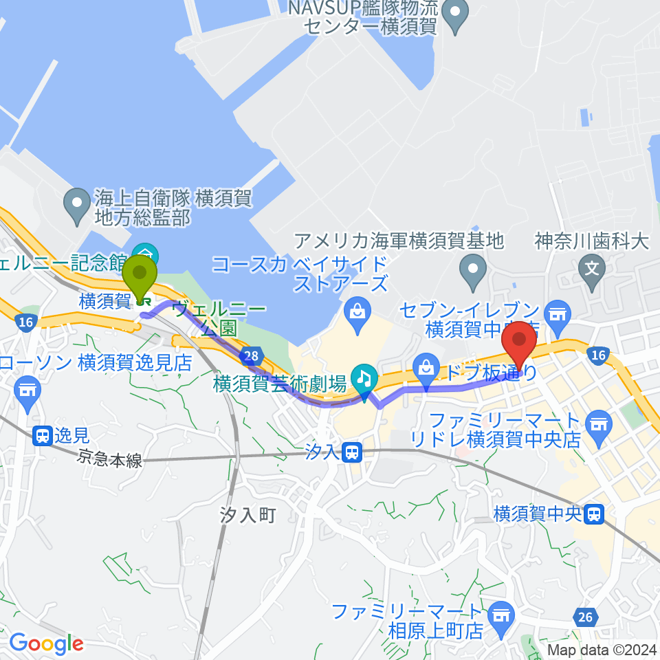 横須賀駅から山口楽器店へのルートマップ地図