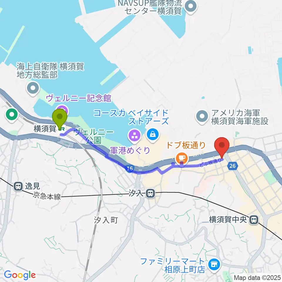 横須賀駅から山口楽器店へのルートマップ地図