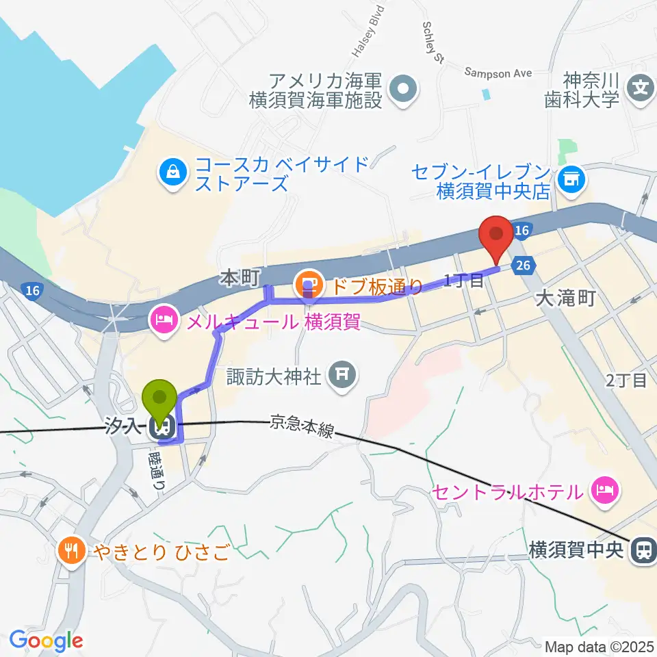 汐入駅から山口楽器店へのルートマップ地図