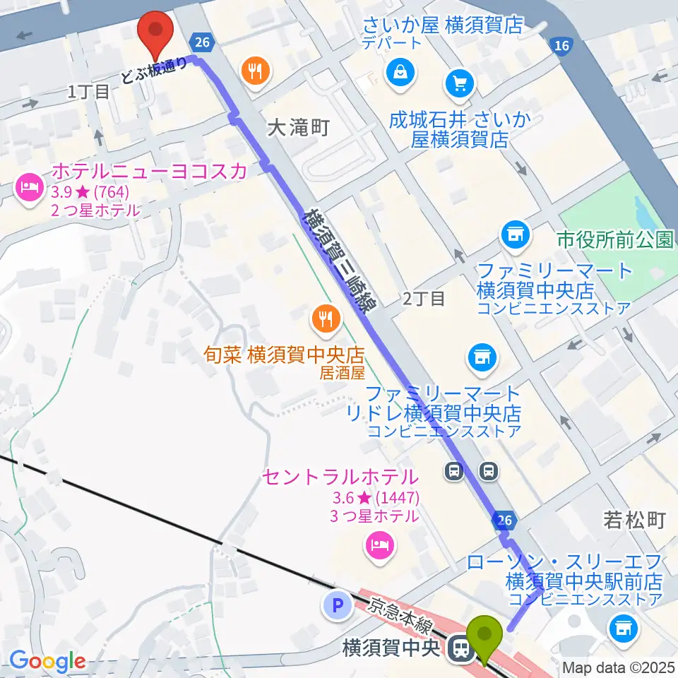 山口楽器店の最寄駅横須賀中央駅からの徒歩ルート（約8分）地図