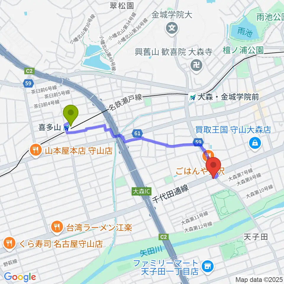喜多山駅からドクターミュージックへのルートマップ地図