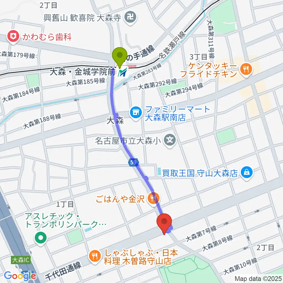 ドクターミュージックの最寄駅大森・金城学院前駅からの徒歩ルート（約9分）地図