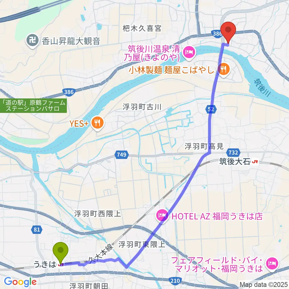うきは駅から沢田楽器 杷木本店へのルートマップ地図