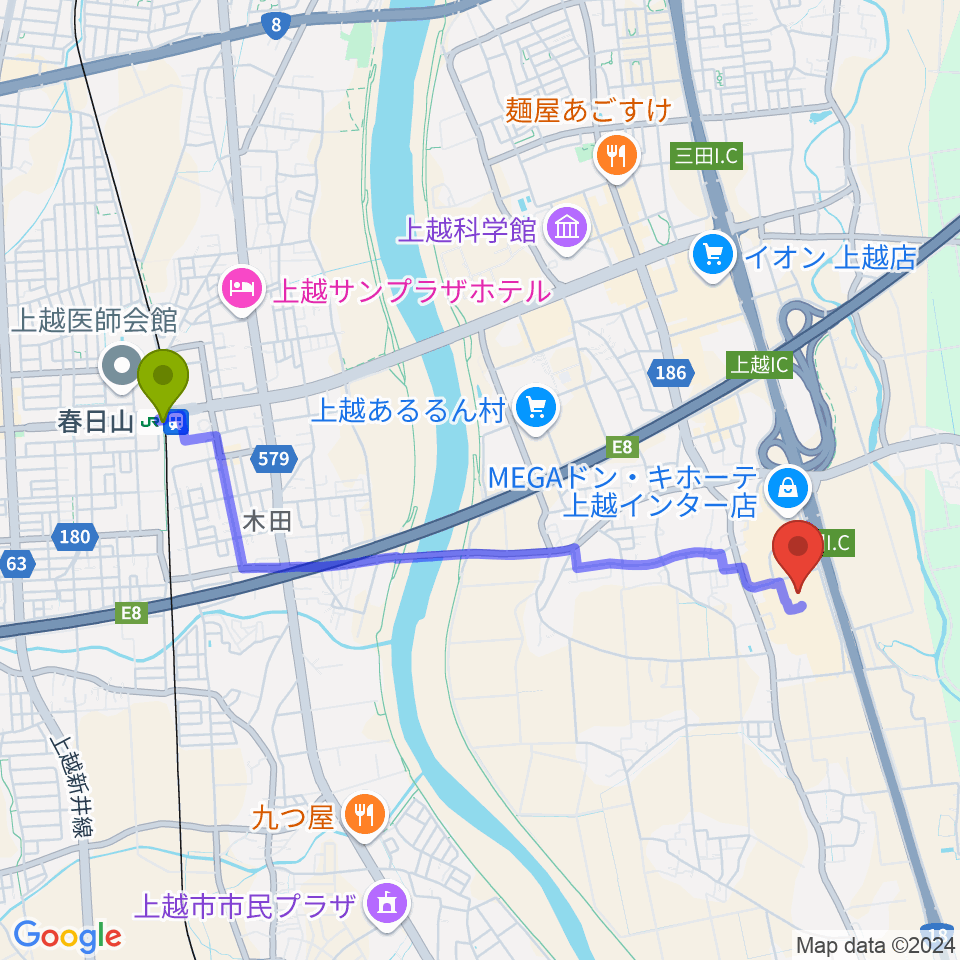 二葉楽器の最寄駅春日山駅からの徒歩ルート（約42分）地図