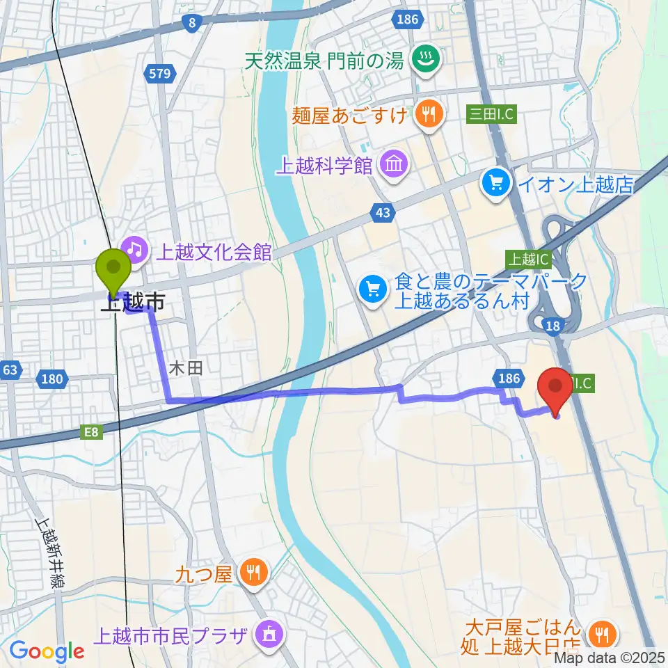 二葉楽器の最寄駅春日山駅からの徒歩ルート（約42分）地図