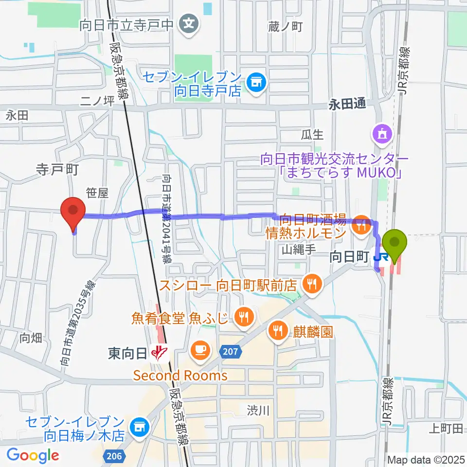向日町駅から柾目ウッドメーカーへのルートマップ地図