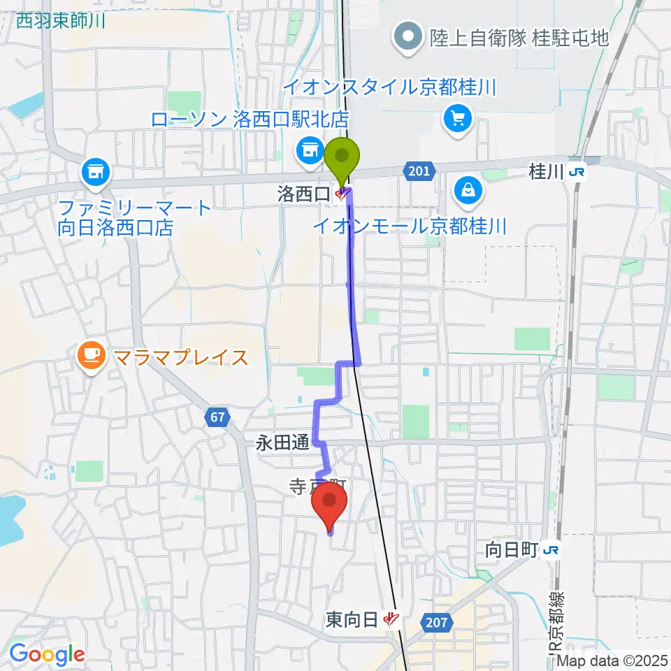 洛西口駅から柾目ウッドメーカーへのルートマップ地図