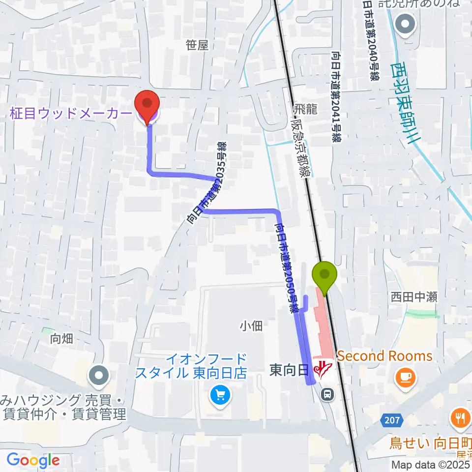 柾目ウッドメーカーの最寄駅東向日駅からの徒歩ルート（約4分）地図