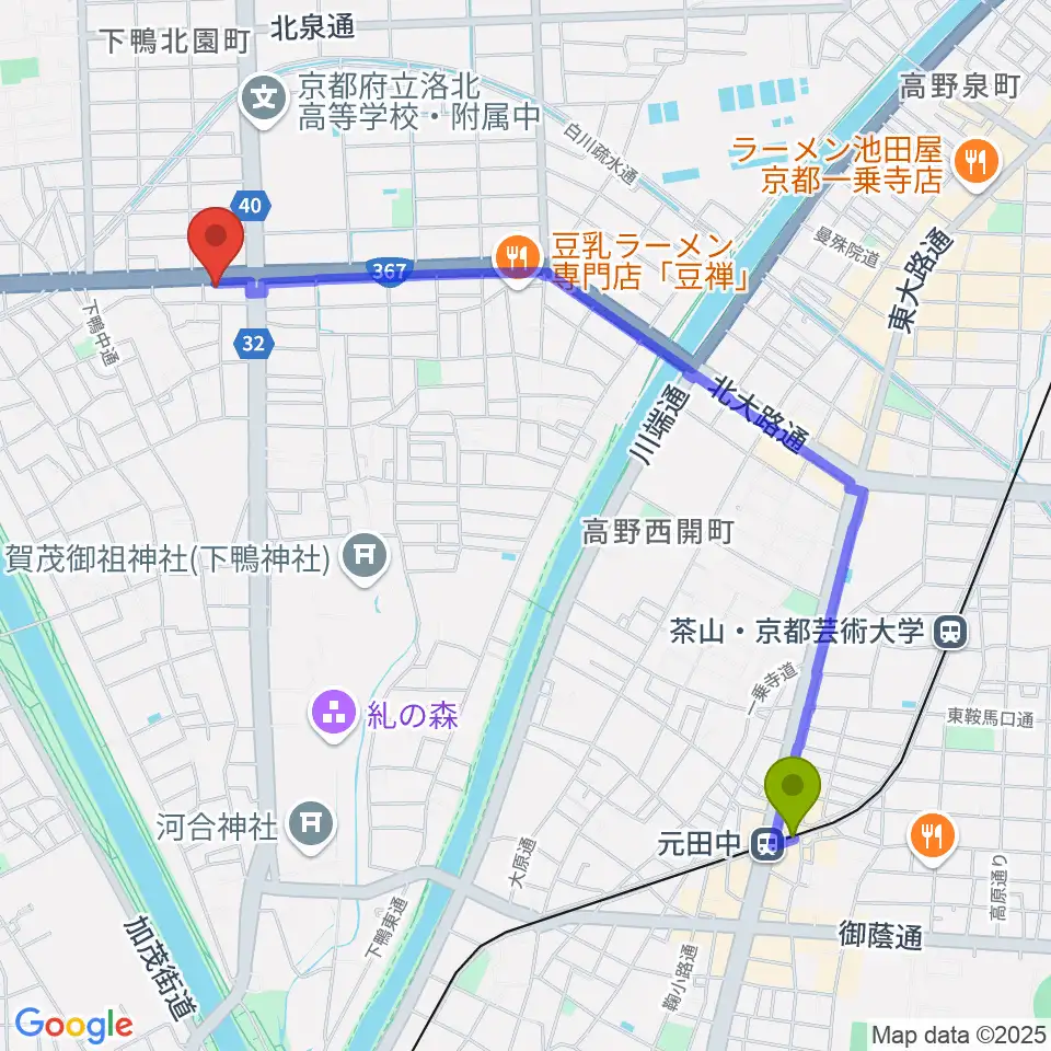 元田中駅から京都 月光堂楽器店へのルートマップ地図